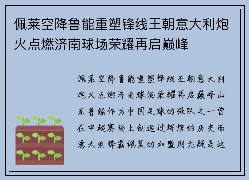 佩莱空降鲁能重塑锋线王朝意大利炮火点燃济南球场荣耀再启巅峰 佩莱空降鲁能重塑锋线王朝意大利炮火点燃济南球场荣耀再启巅峰